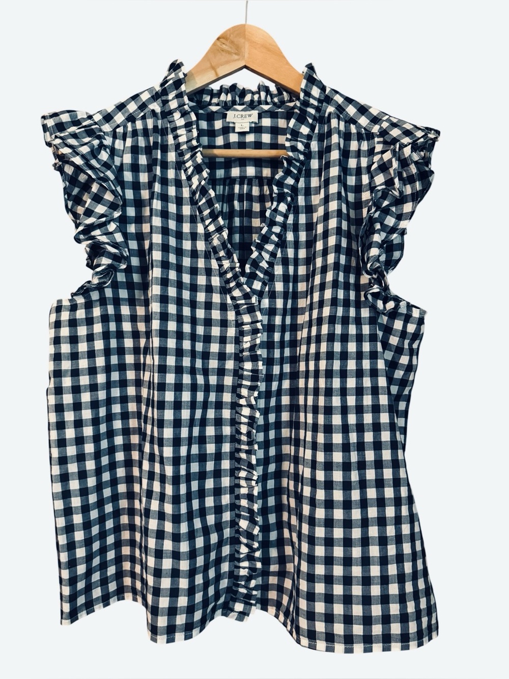 J. Crew Navy White Gingham Ruffle Sleeveless Blouse Preppy Cottagecore Patriotic